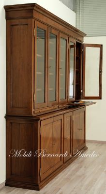 Removable classic style bookcase made of walnut wood with closed and glass doors